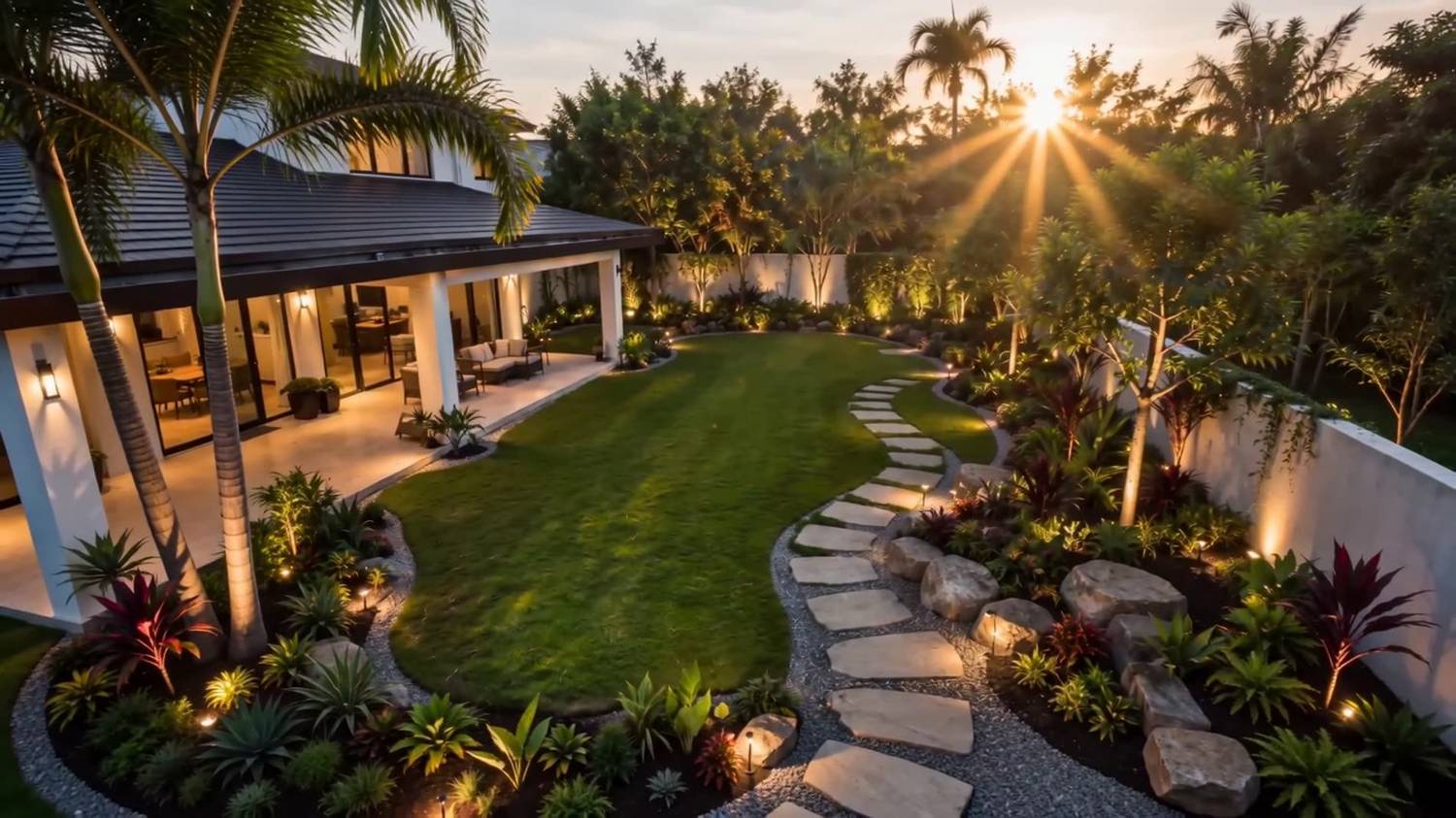Jardín residencial iluminado con sendero de losas, piedra decorativa y siembra tropical