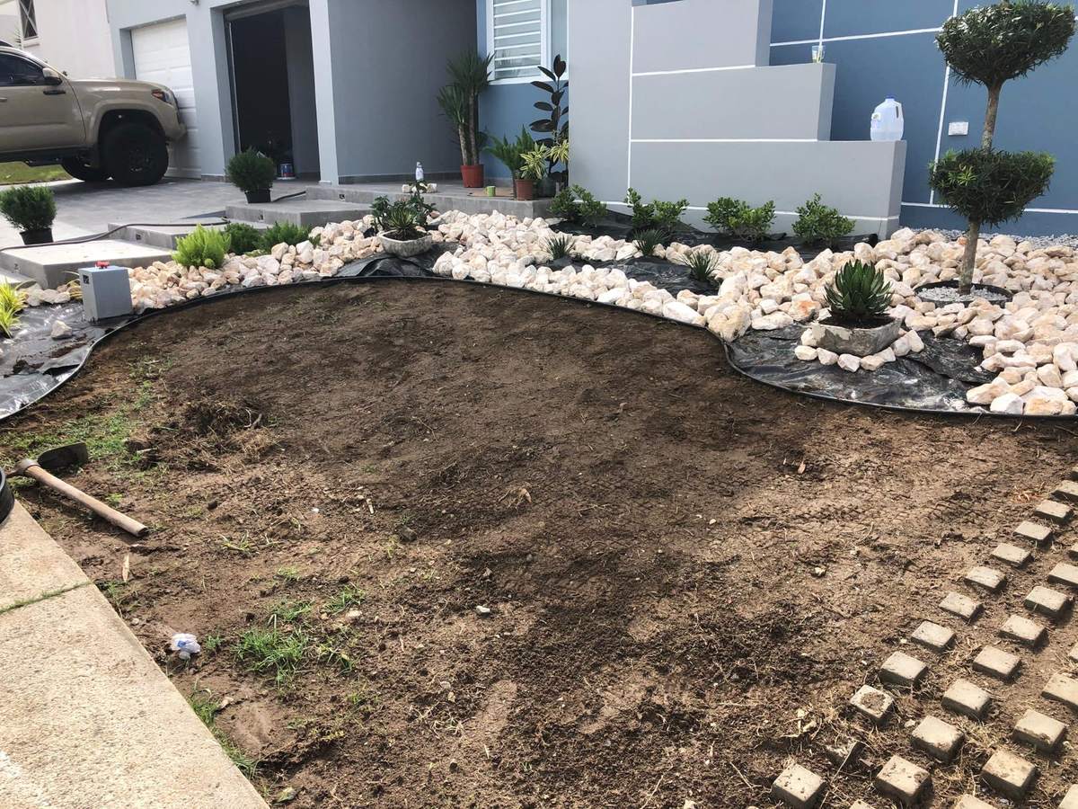 Antes: frente residencial en tierra preparada, listo para grama